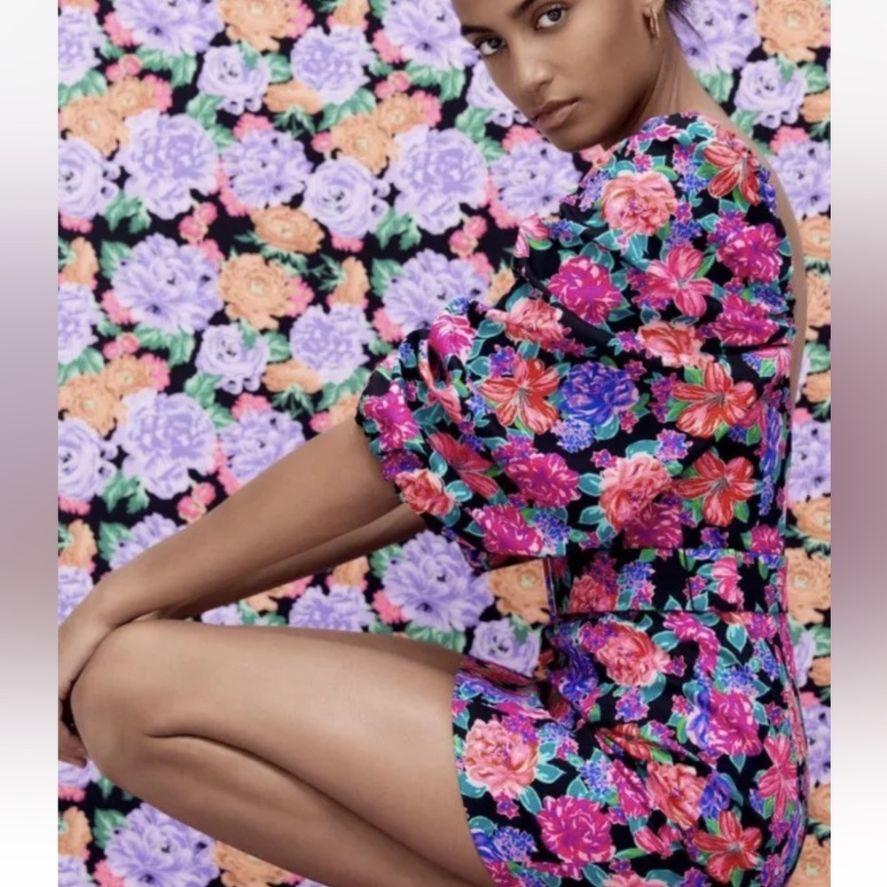 NWT Zara Floral Belted Pink Purple Puff Sleeve Mini Dress Zinnia Cottagecore XS. - Picture 4 of 16